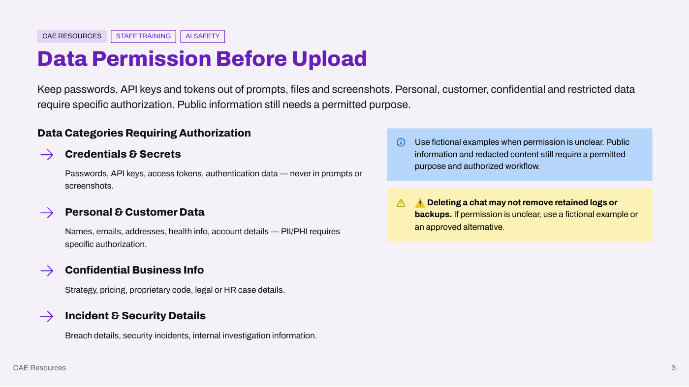 An actual training slide on data categories and permission before upload.