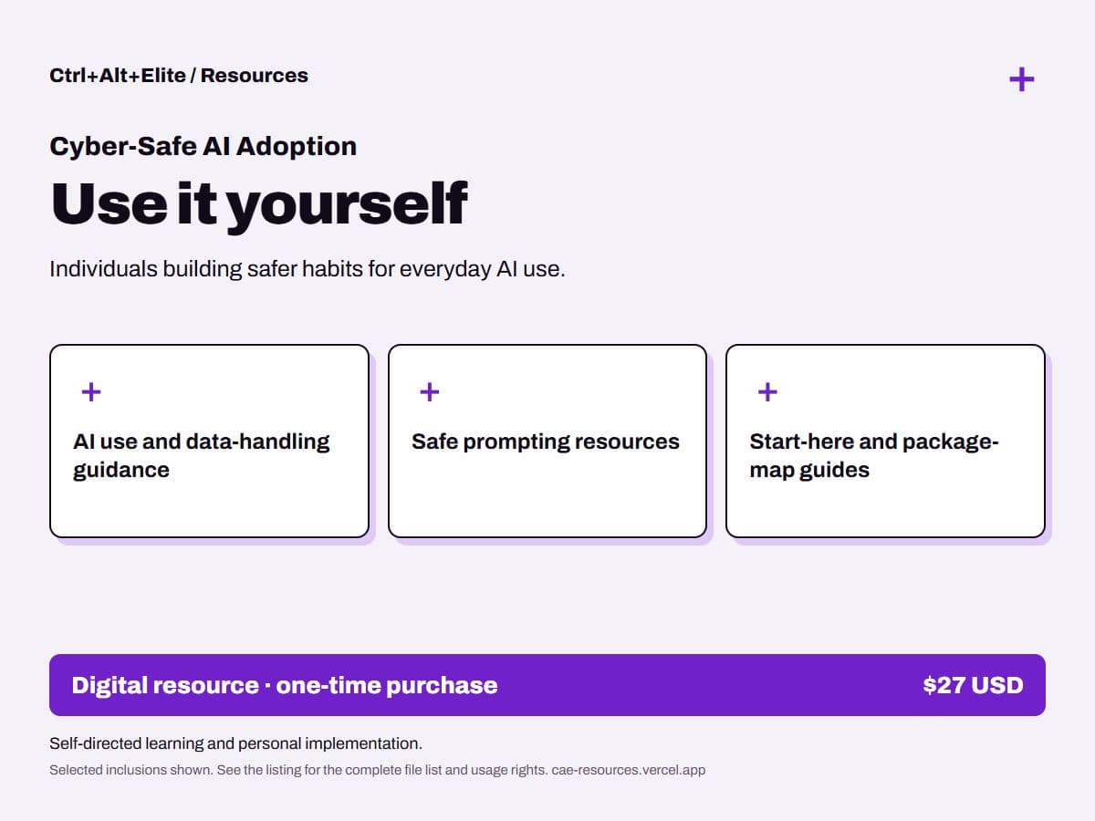 Cyber-Safe AI Adoption — Use it yourself: intended buyer, selected inclusions and $27 price.