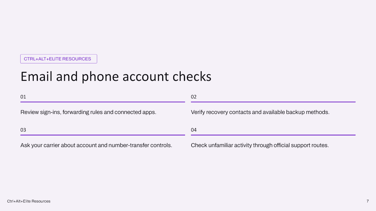 A workshop slide with practical email and phone account checks.