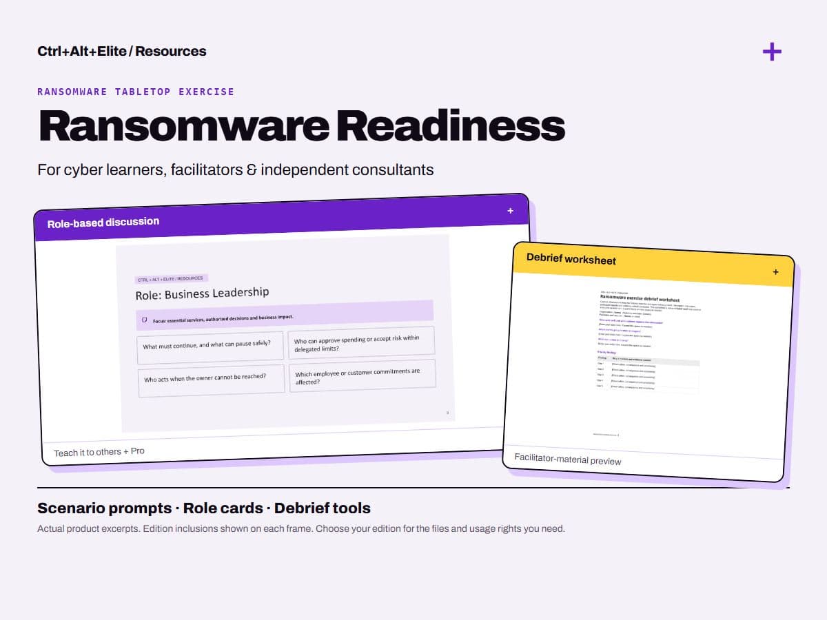 Ransomware Readiness: framed previews of actual product materials; edition inclusions are labeled.