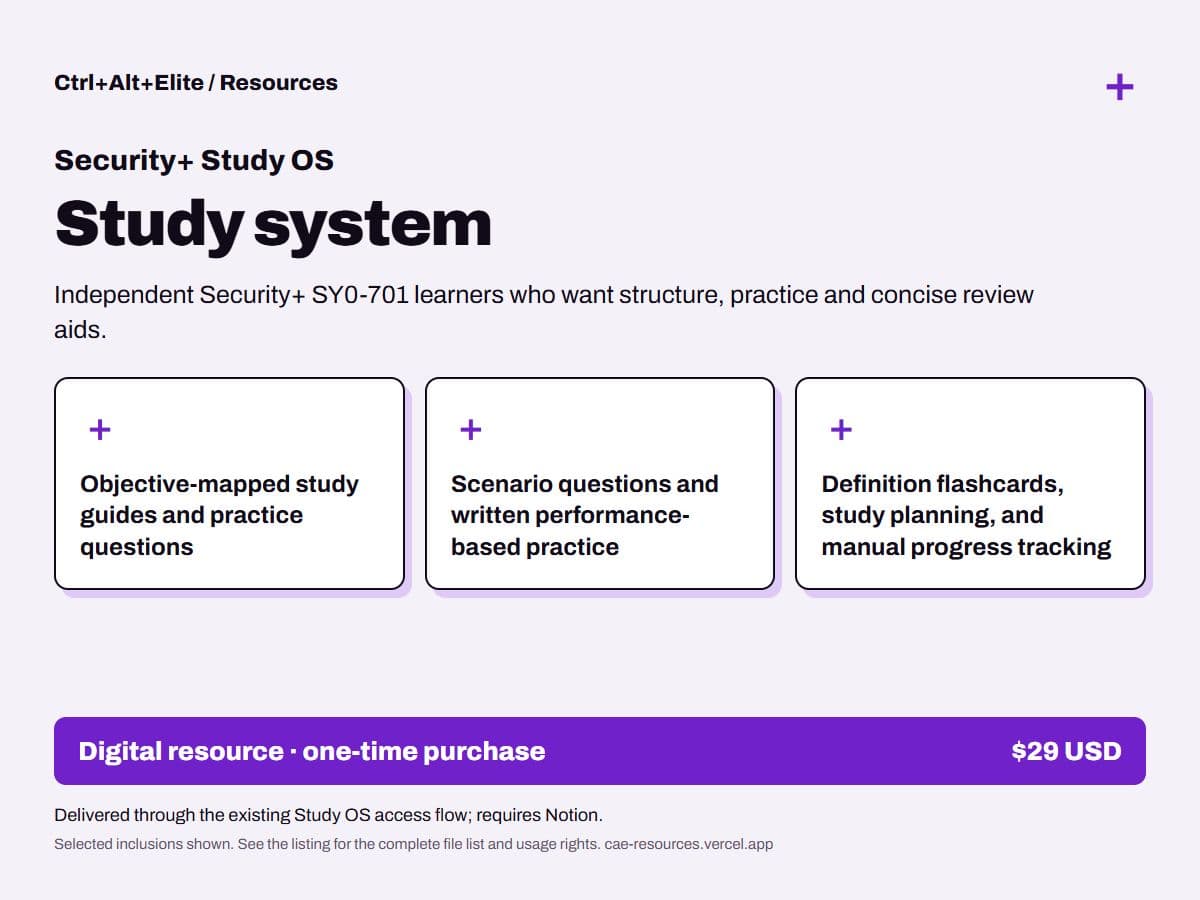 Security+ Study OS — Study system: intended buyer, selected inclusions and $29 price.